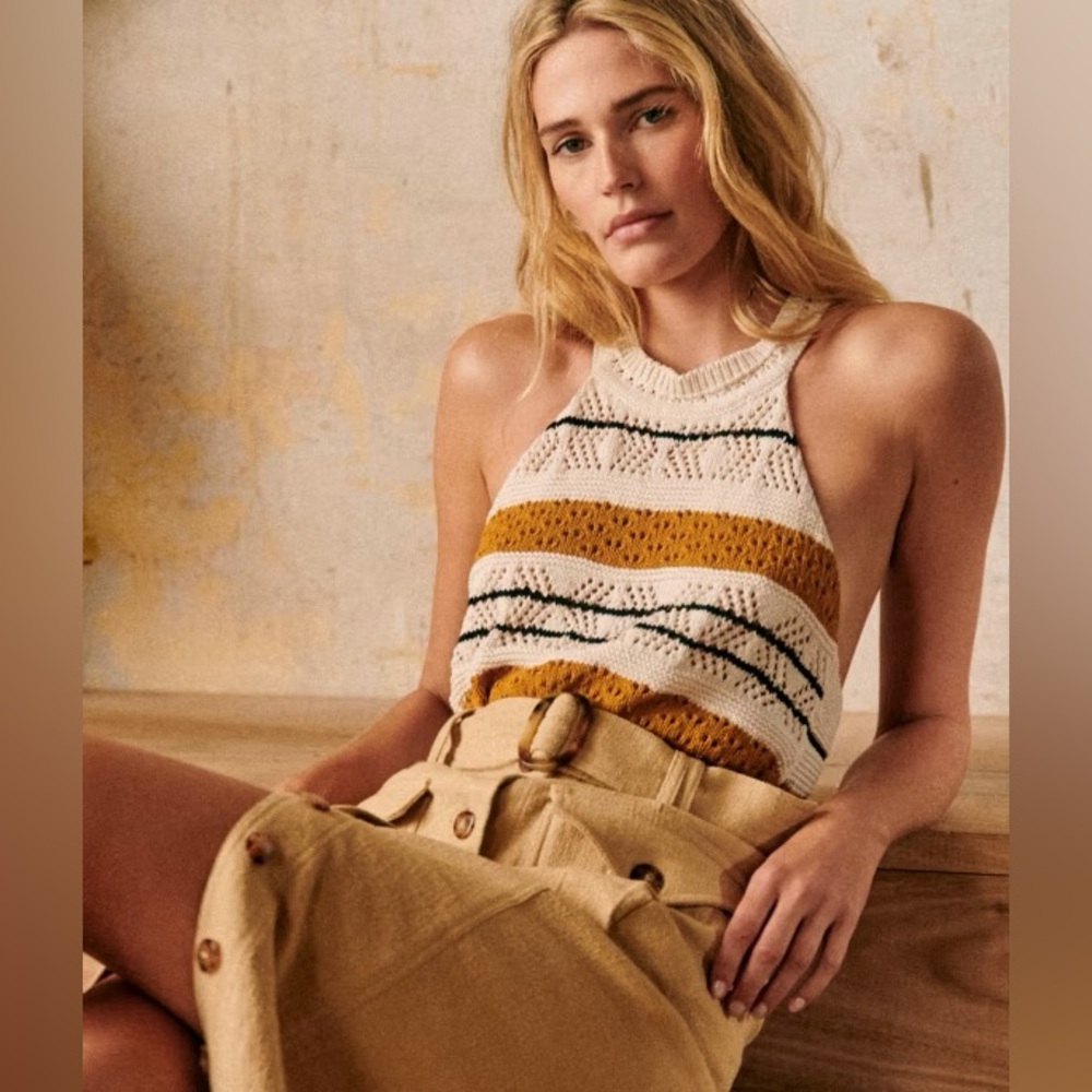 NWT Sézane Malvina Sleeveless Ivory Mustard Black Knit Cotton Top sz S